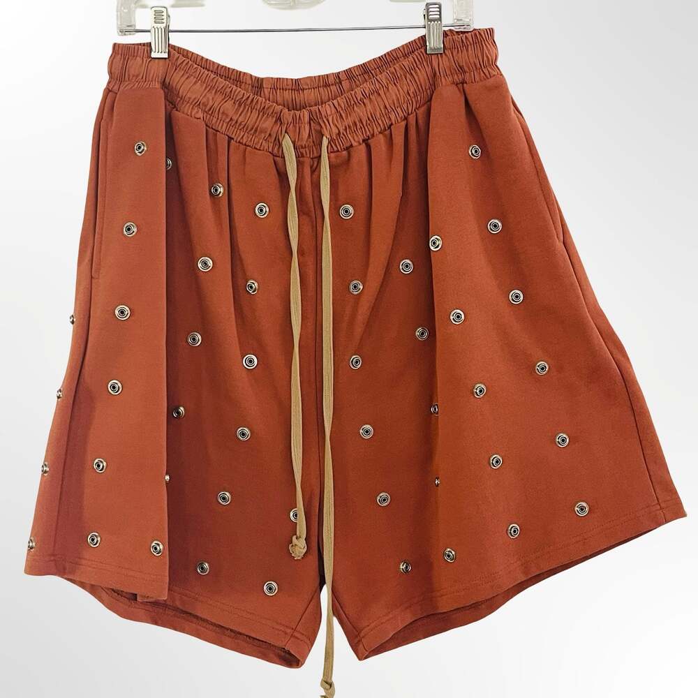 MNML All Over Studded Detail Drawstring Shorts in Rust